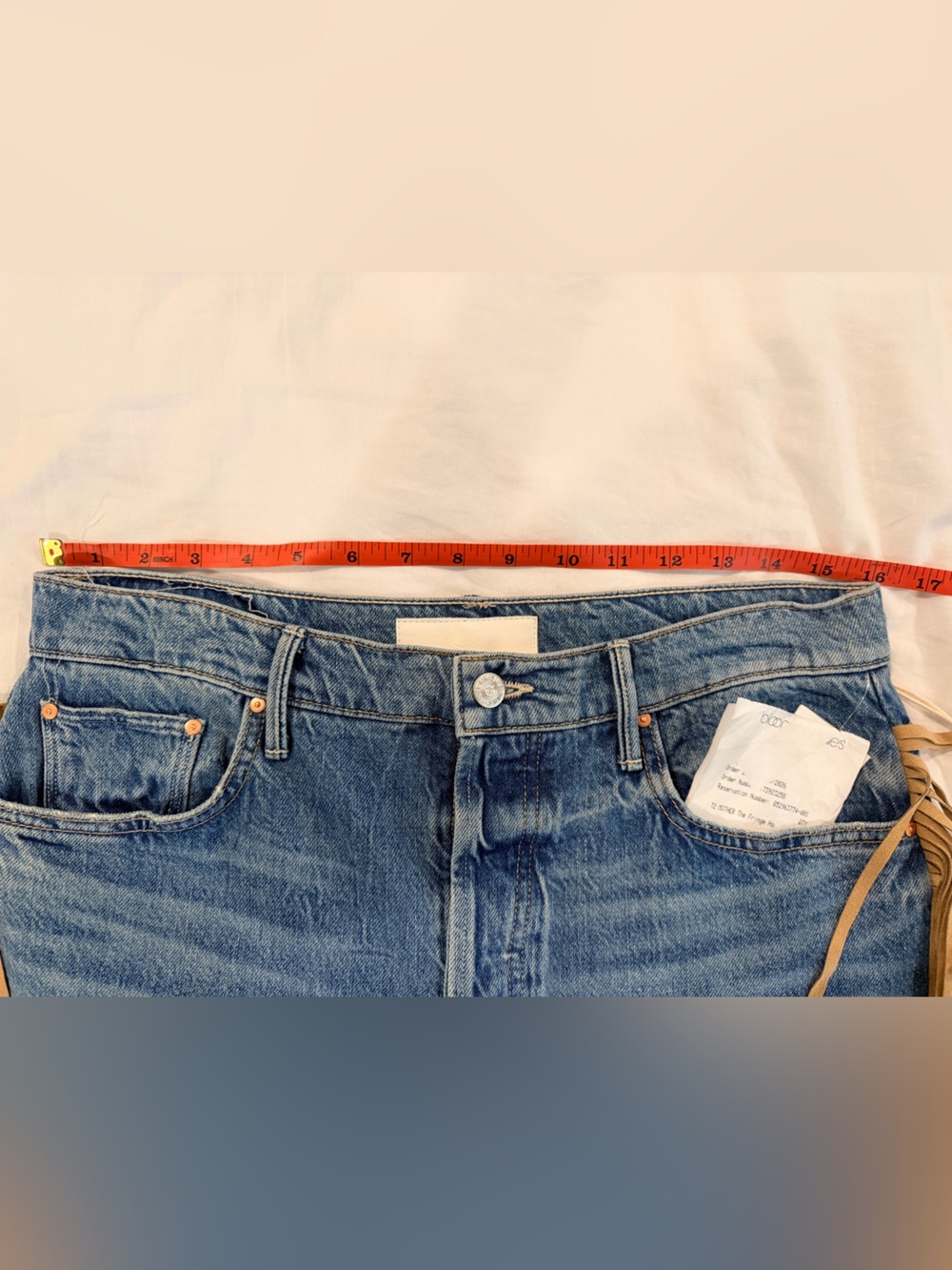 MOTHER Blue Denim Flare Jeans with Tan Fringe - Picture 5 of 10